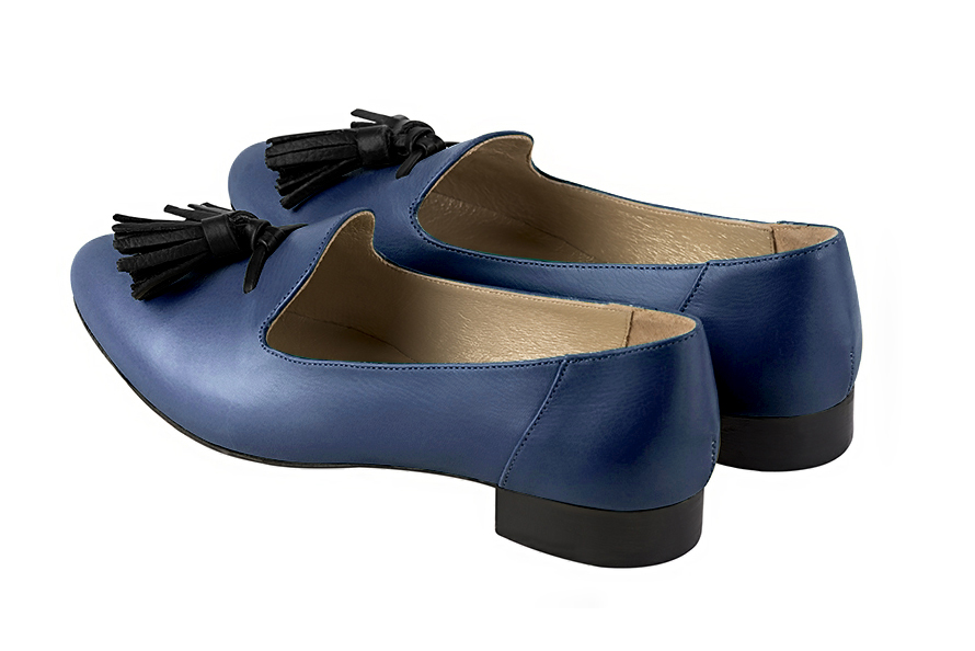 Prussian blue and satin black women's loafers with pompons. Round toe. Flat leather soles. Rear view - Florence KOOIJMAN